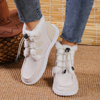 Bottes Fourrées Femme Courtes en Tissu, Lacets Élastiques – coloris blanc cassé