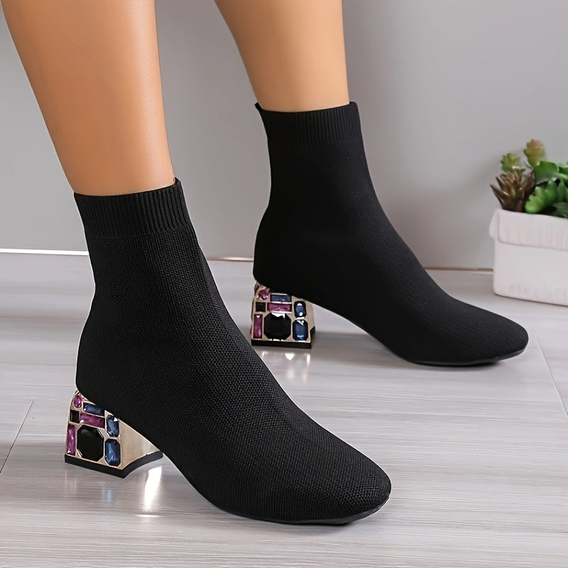 Bottes Chaussettes Femme en Maille, Talon Bloc Fantaisie, vue 2