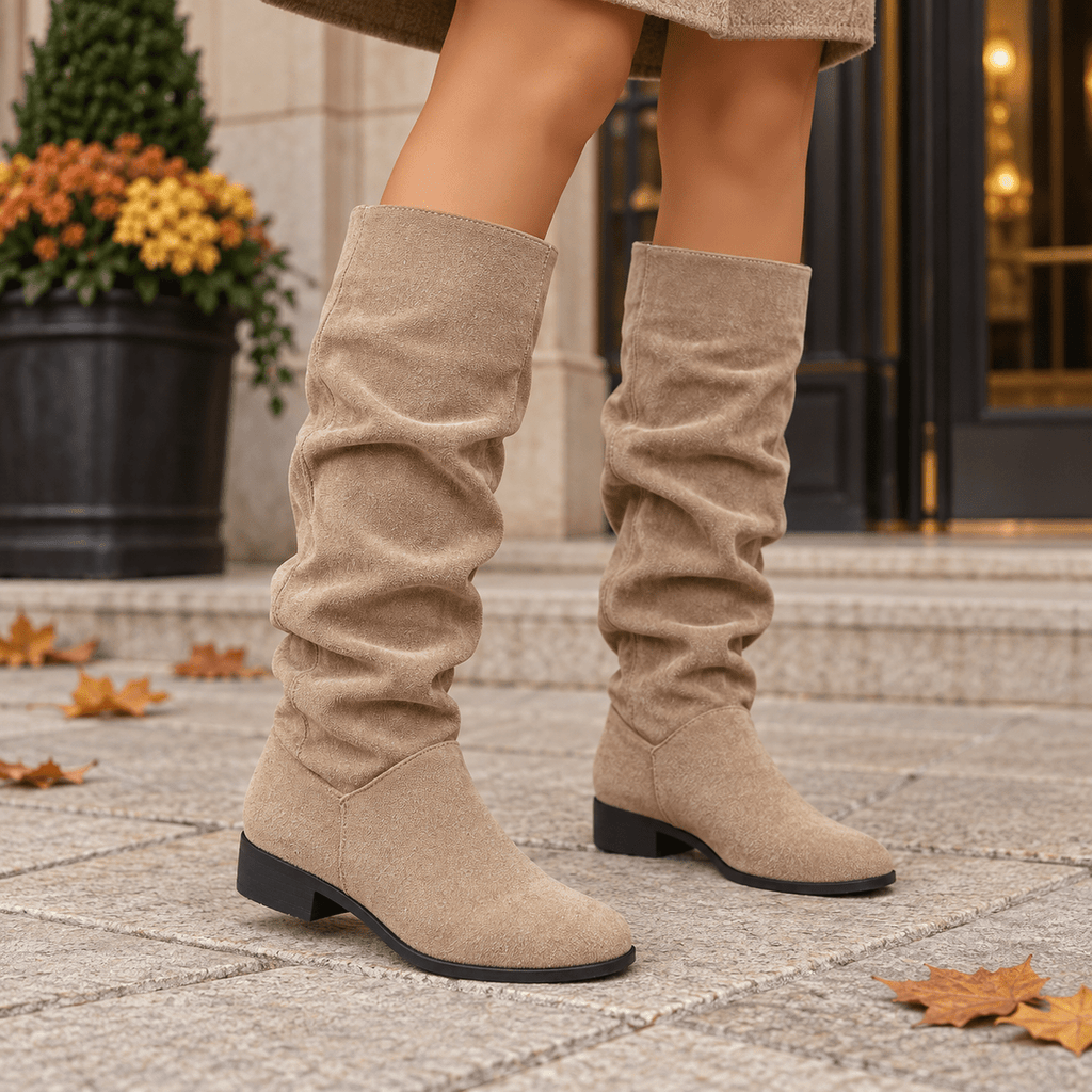 Bottes Hautes Femme Aspect Daim, Tige Froncée, Talon Bas, vue 2