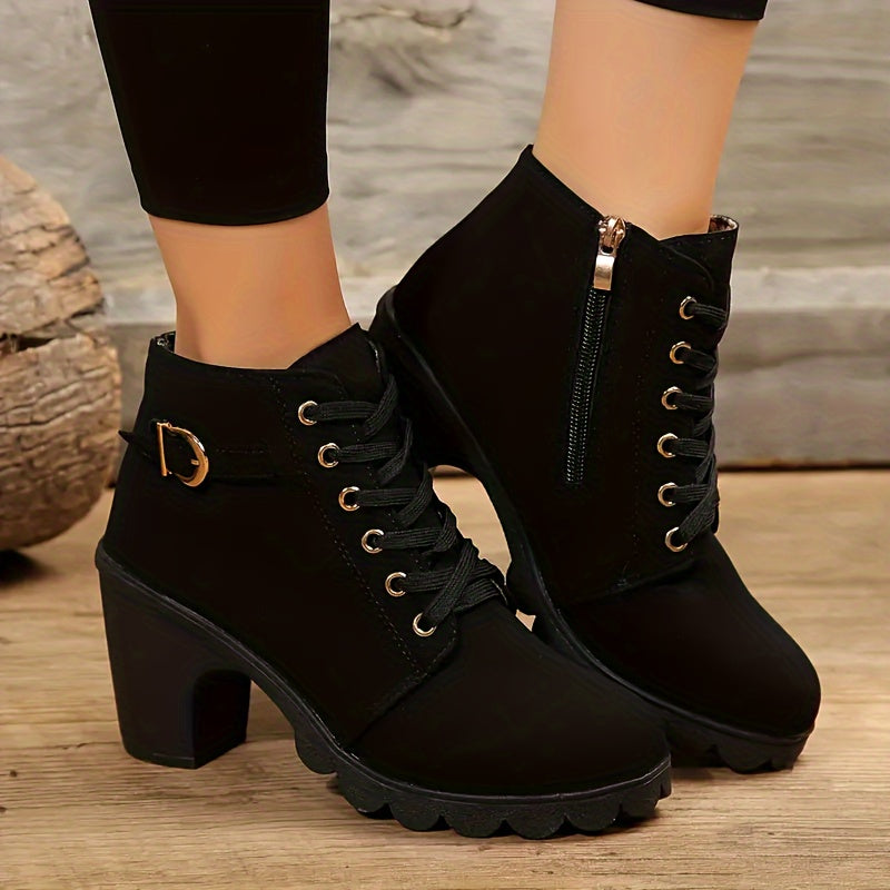 Bottines Femme Lacets et Zip, Talon Haut – coloris noir