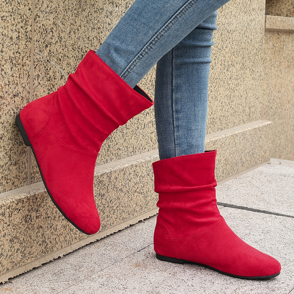 Bottines Femme Mi-Hautes, Talon Plat – coloris rouge