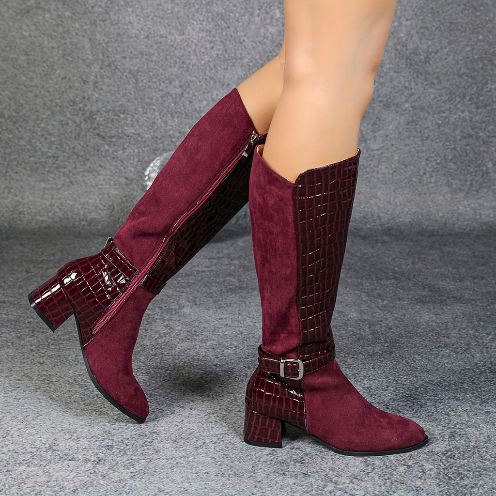 Bottes Hautes Femme Aspect Daim, Empiècement Effet Croco – coloris bordeaux, vue 2