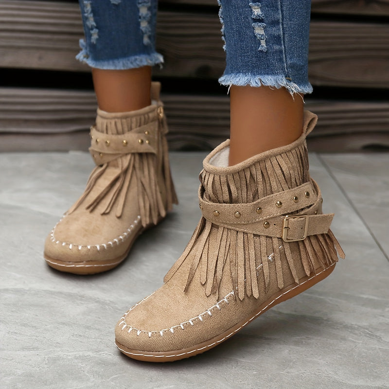 Bottines Femme à Franges Cloutées, Zip – coloris beige
