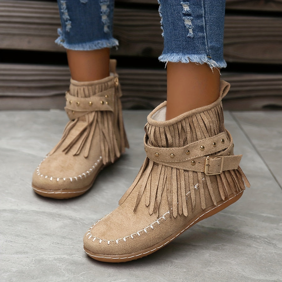 Bottines Femme à Franges Cloutées, Zip – coloris beige