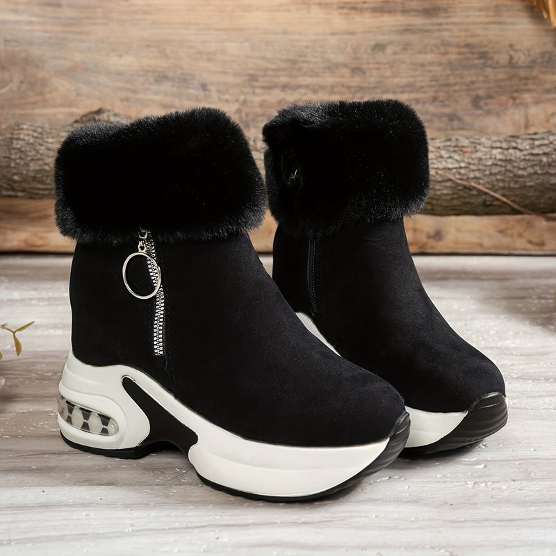 Bottines Plateforme Effet Daim, Col Fausse Fourrure – coloris noir