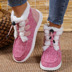 Bottes Fourrées Femme Courtes en Tissu, Lacets Élastiques – coloris rose