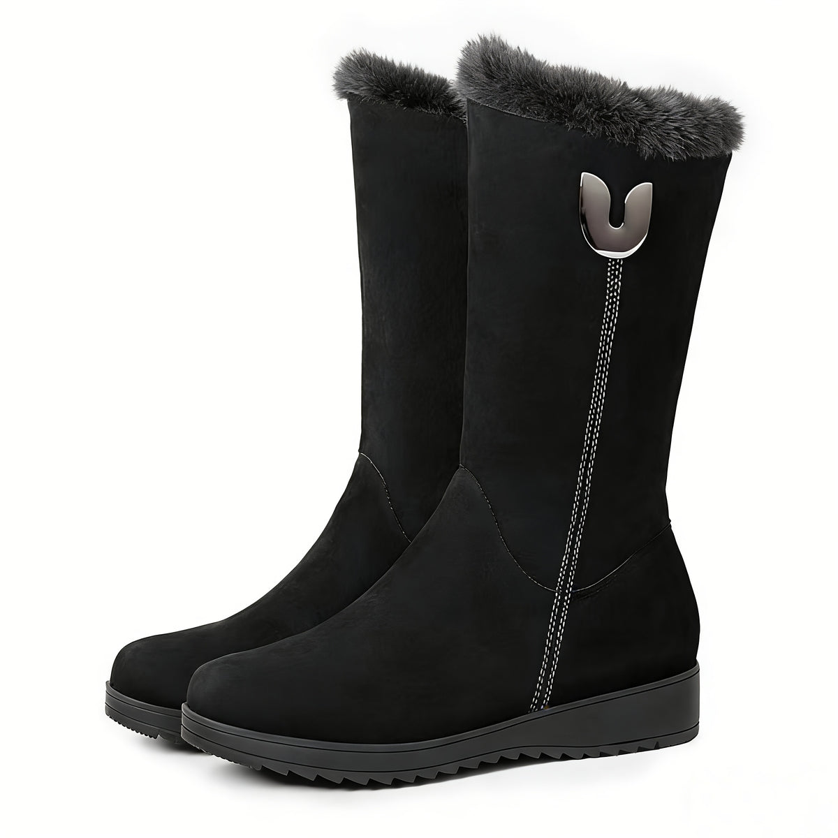 Bottes Fourrées Femme Mi-Mollet, Aspect Daim, Zip