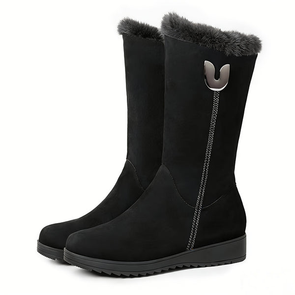 Bottes Fourrées Femme Mi-Mollet, Aspect Daim, Zip