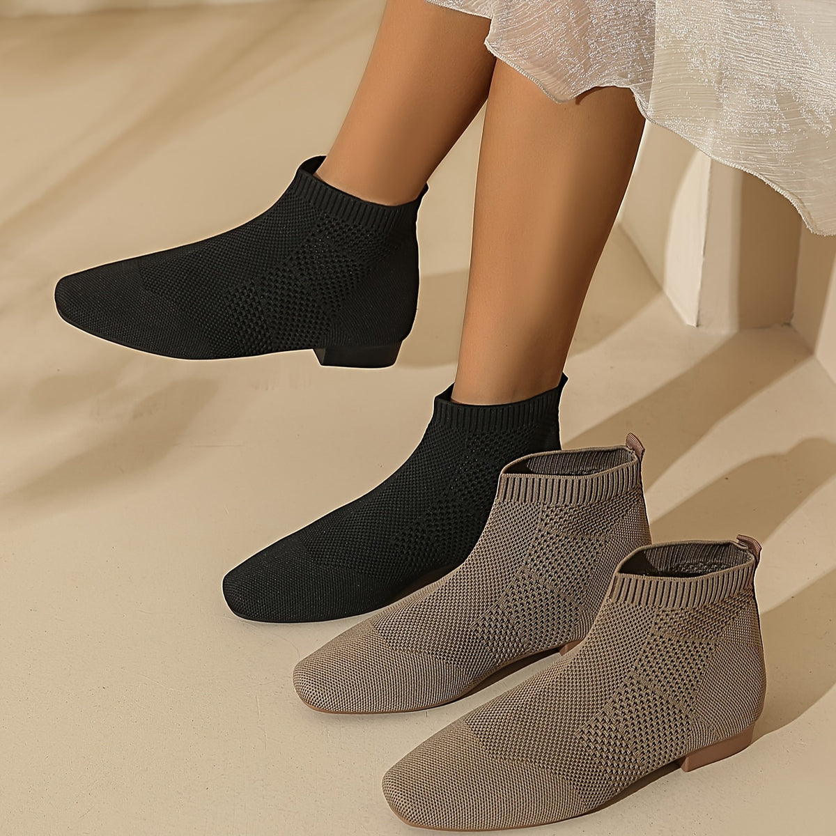 Bottines Chaussettes Femme Tricot, Bout Carré