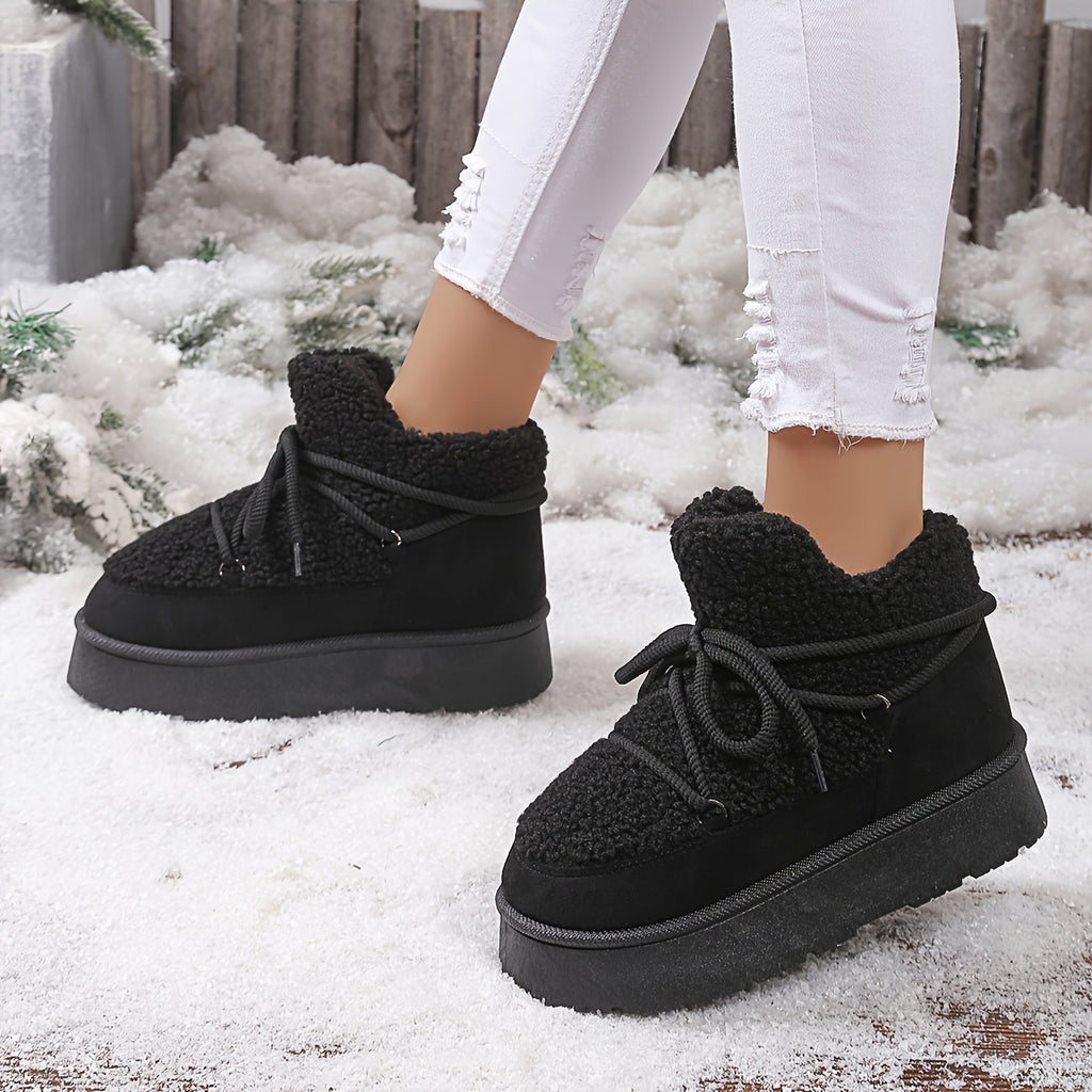 Bottines Fourrées Femme Plateforme, Peluche, Lacets Noués – coloris noir