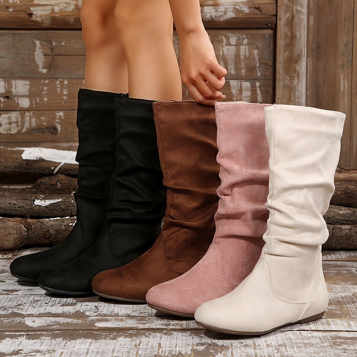 Bottes Plates Femme Mi-Mollet, Aspect Daim