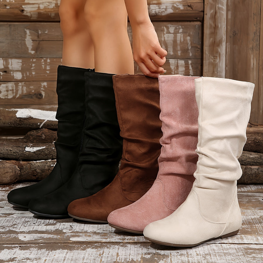 Bottes Plates Femme Mi-Mollet, Aspect Daim