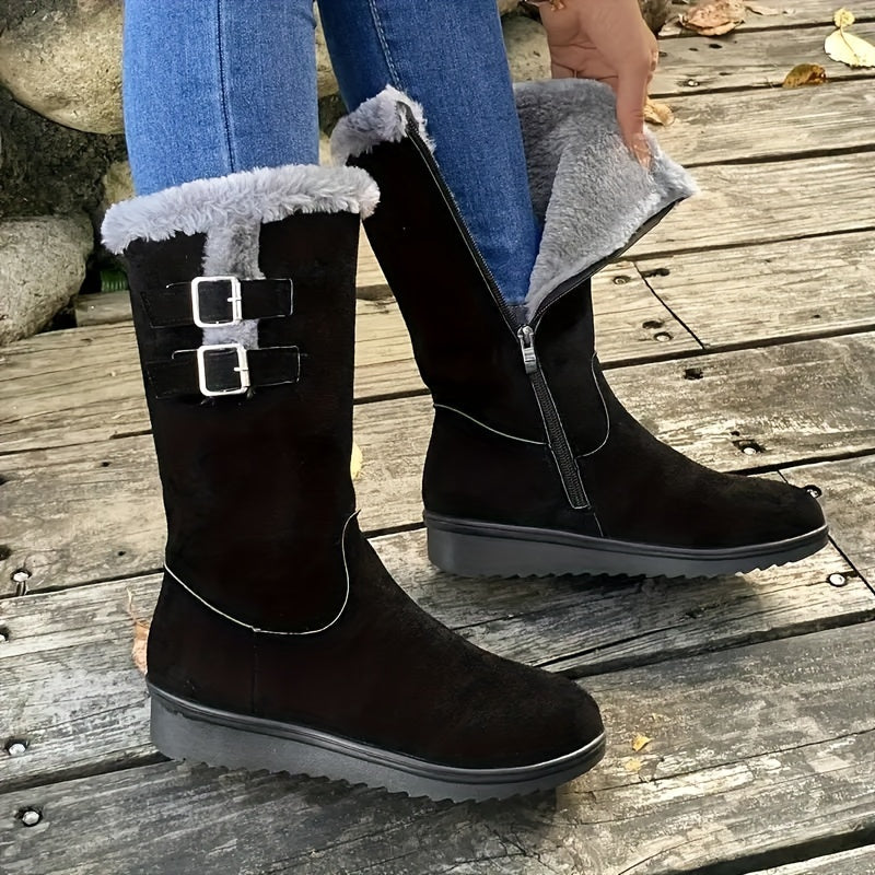Bottes Femme Mi-Mollet, Flanelle et Velours Côtelé – coloris noir