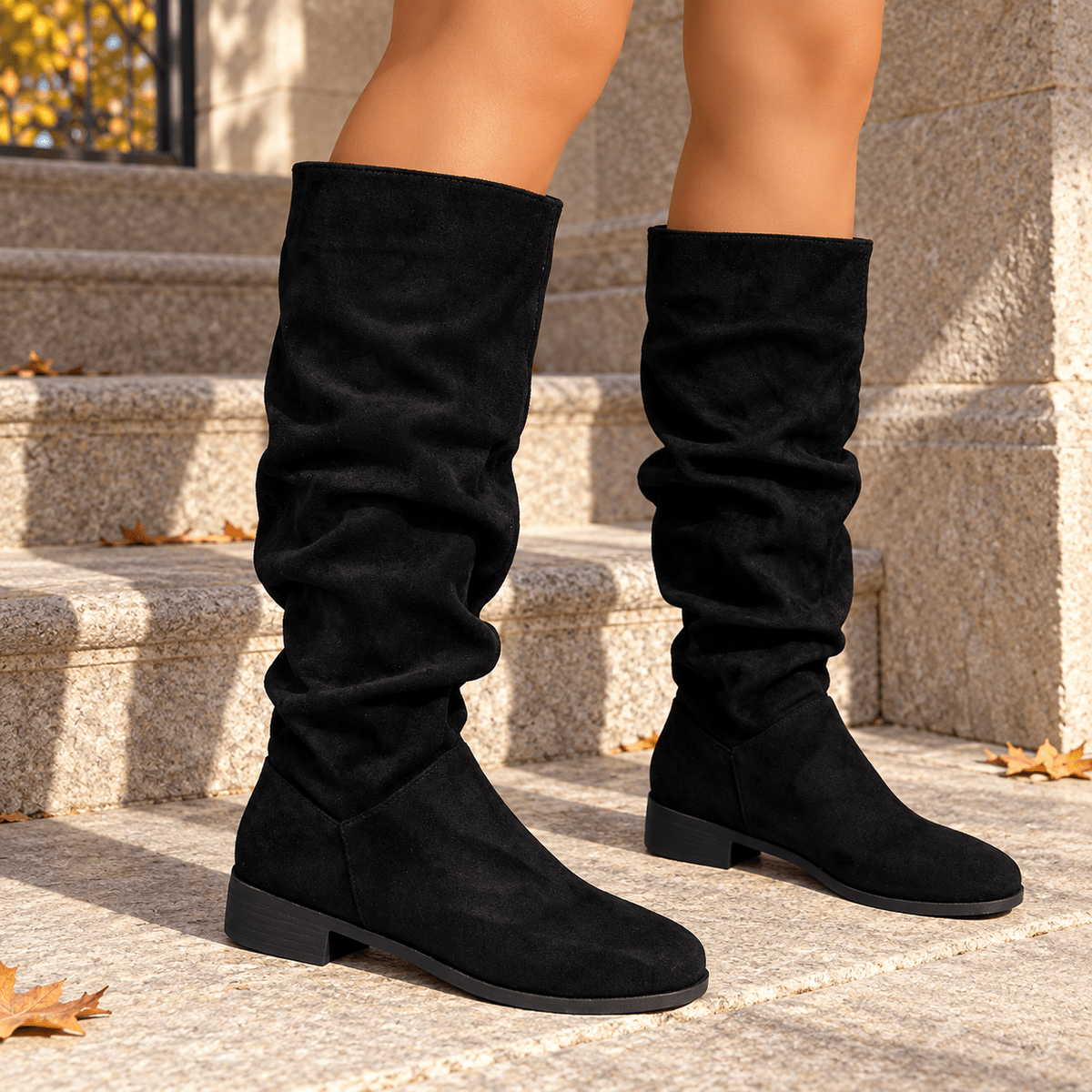 Bottes Hautes Femme Aspect Daim, Tige Froncée, Talon Bas – coloris noir
