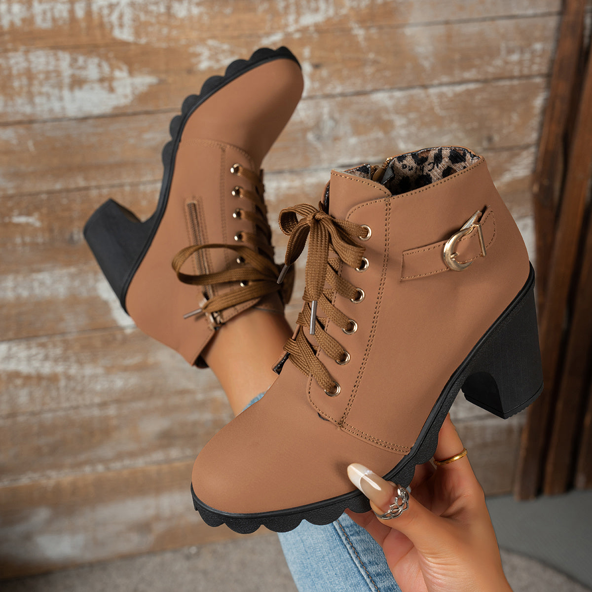 Bottines Femme à Lacets, Talon Bloc – coloris marron foncé