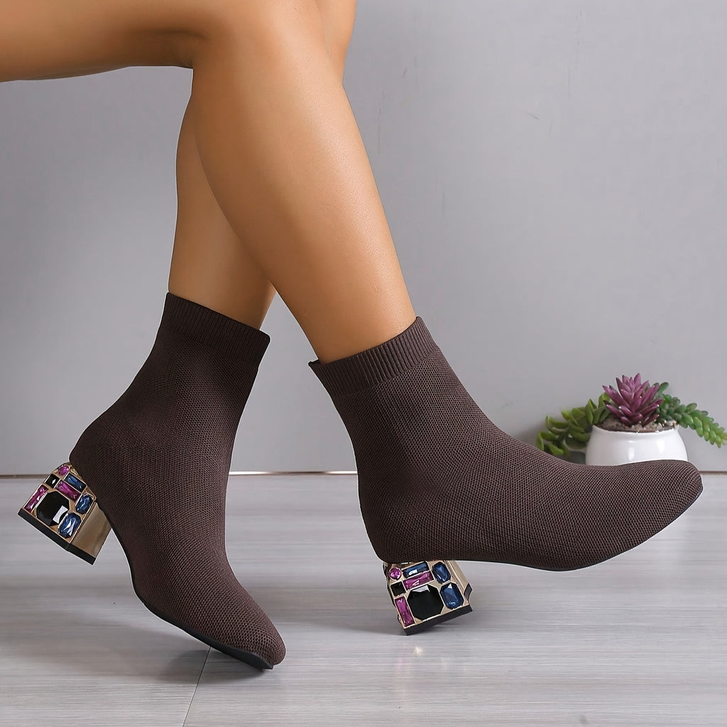 Bottes Chaussettes Femme en Maille, Talon Bloc Fantaisie – coloris marron foncé