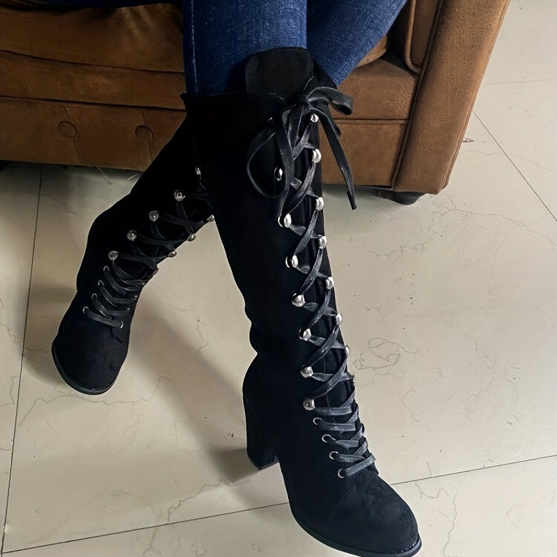 Bottes Hautes Femme à Lacets, Talon Bloc – coloris noir, vue 6