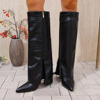 Bottes à Revers Femme Similicuir, Fermoir Doré, Bout Pointu