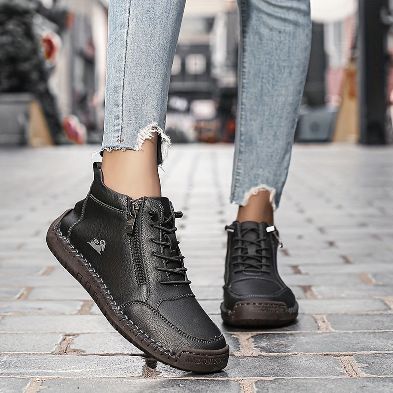 Bottines Plates Femme Similicuir, Lacets et Zip, vue 7