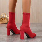 Bottes Chaussettes Femme Maille, Talon Haut, Rouge ou Noir