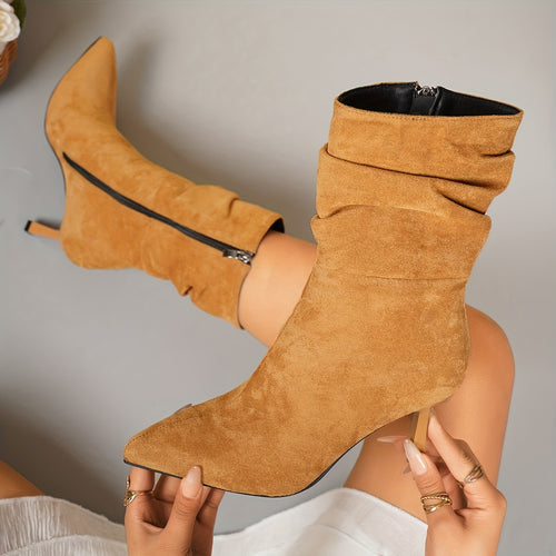 Bottes Daim Femme, Talon Fin Plissé – coloris brun jaunâtre