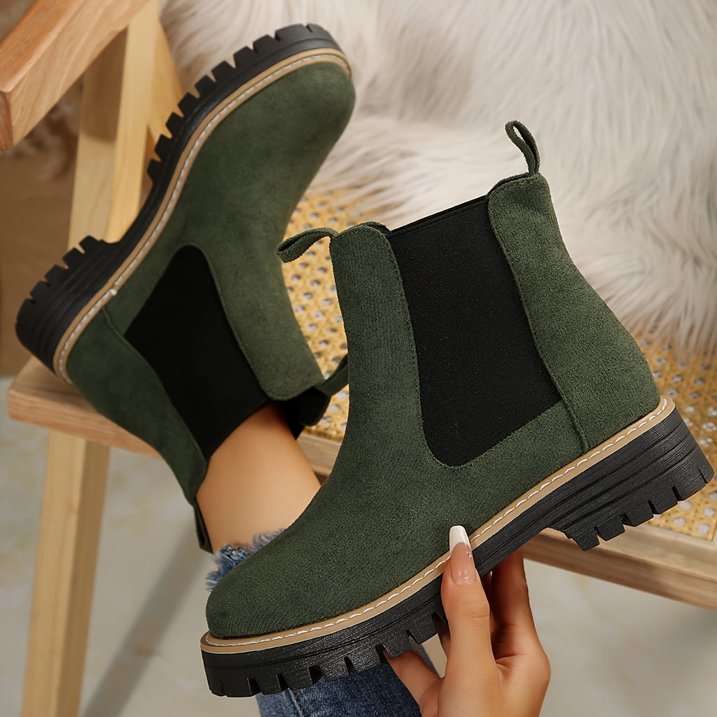 Bottines Chelsea Femme Semelle Crantée, Aspect Daim – coloris vert