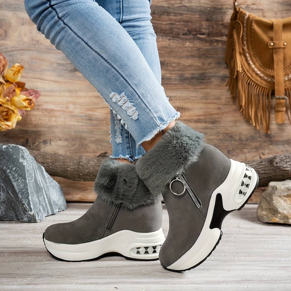 Bottines Plateforme Effet Daim, Col Fausse Fourrure, vue 11