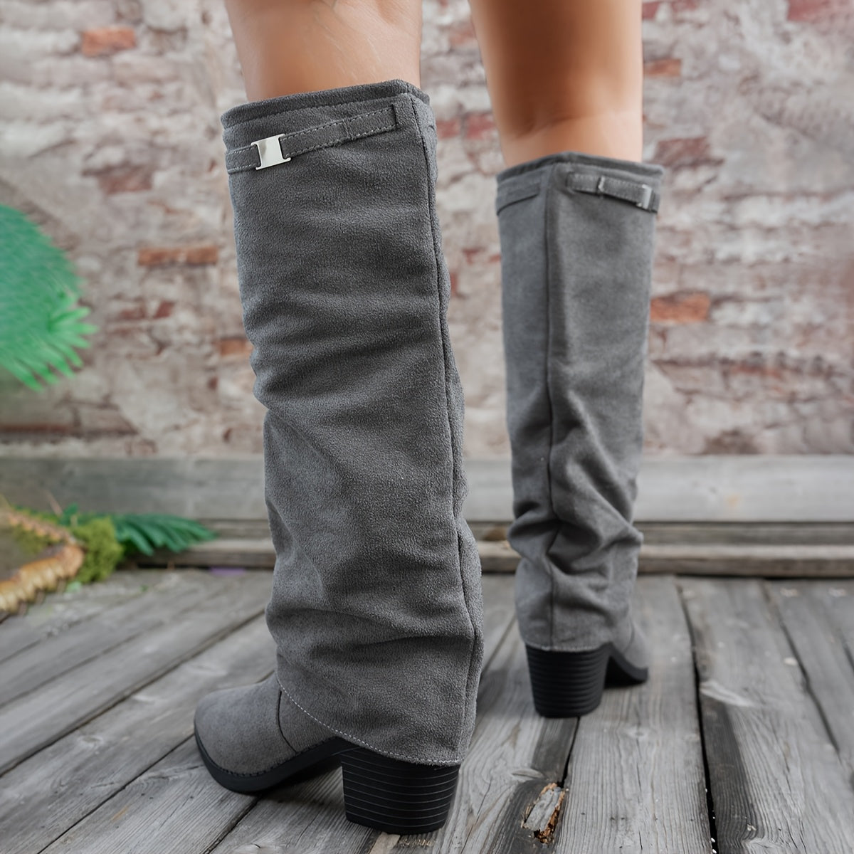 Bottes Hautes Femme à Revers, Aspect Daim, Bout Pointu, vue 8