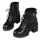 Bottes à Lacets Femme Similicuir, Sangle à Boucle