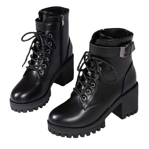 Bottes à Lacets Femme Similicuir, Sangle à Boucle