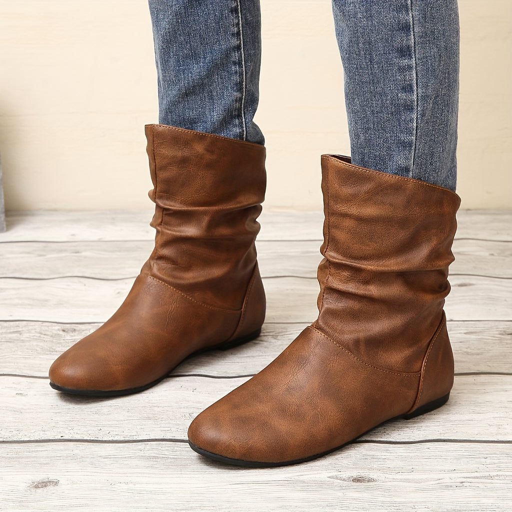 Bottes Plates Femme Similicuir, Tige Froncée – coloris marron clair, vue 2