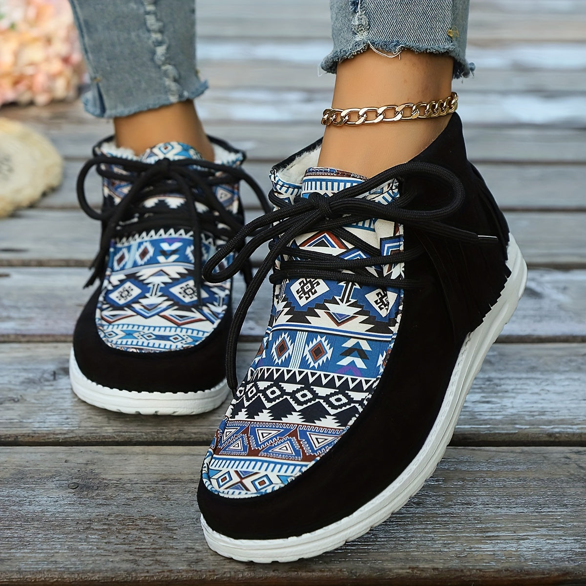 Bottines Mocassin Femme, Franges et Imprimé Aztèque – coloris noir