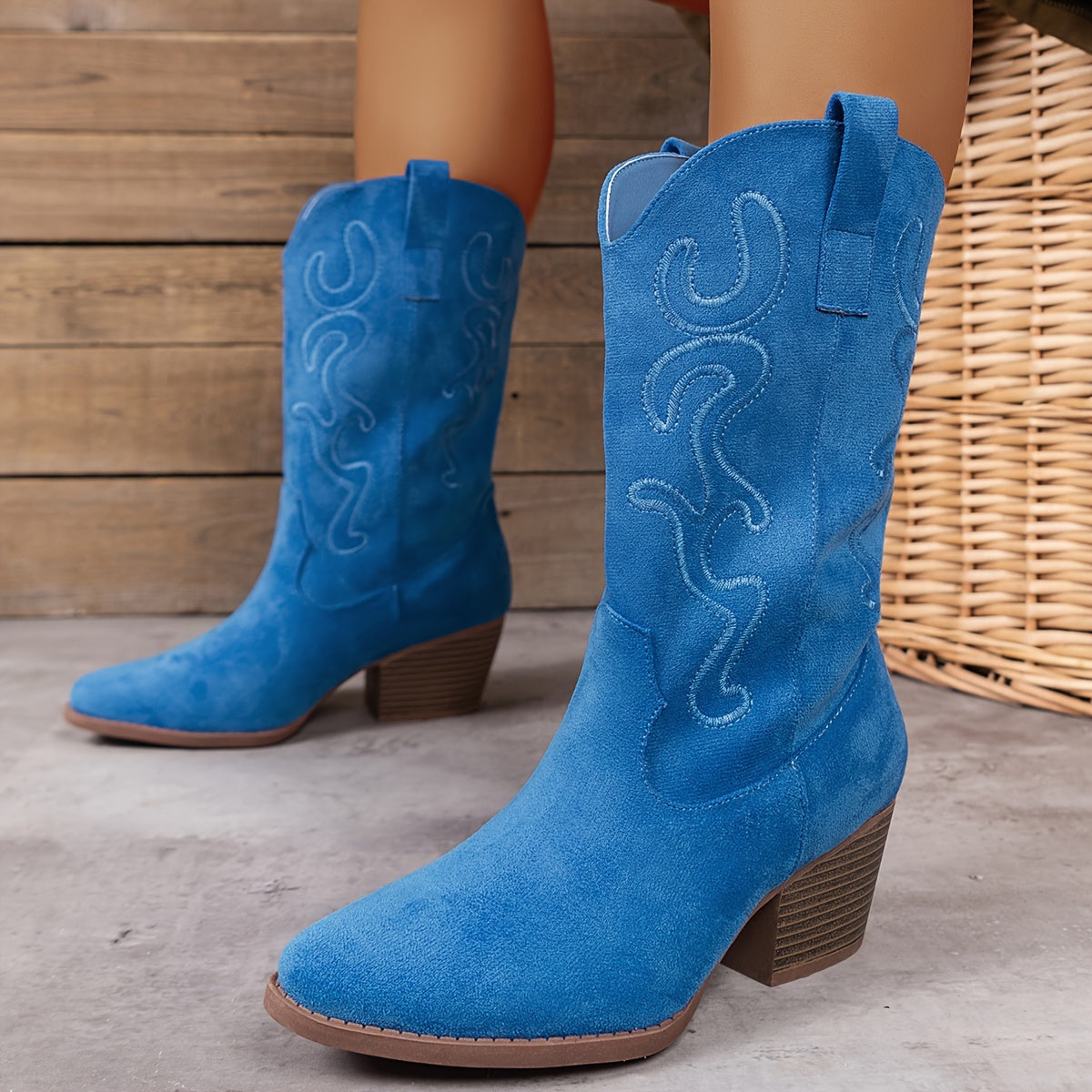 Bottes Cowboy Femme Brodées, Bout Pointu – coloris bleu ciel, vue 4