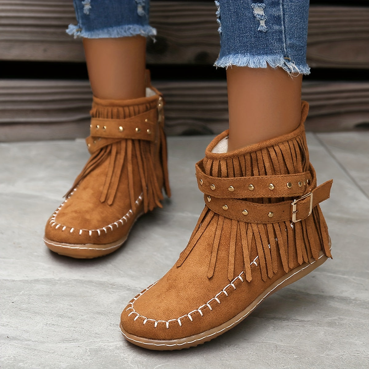 Bottines Femme à Franges Cloutées, Zip – coloris brun