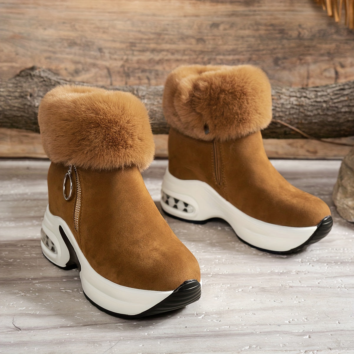 Bottines Plateforme Effet Daim, Col Fausse Fourrure – coloris brun
