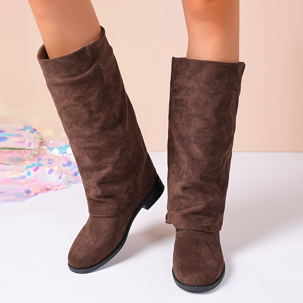 Bottes Plates Femme à Revers, Aspect Daim – coloris café, vue 3