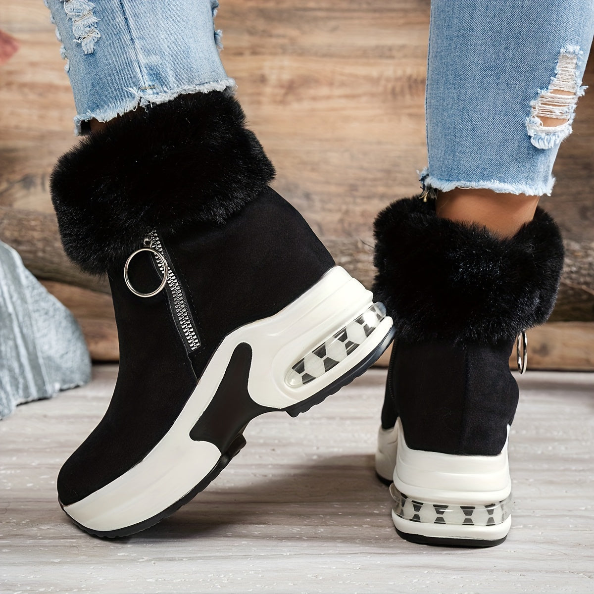 Bottines Plateforme Effet Daim, Col Fausse Fourrure, vue 8