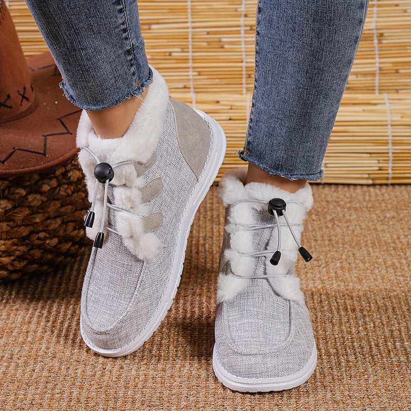Bottes Fourrées Femme Courtes en Tissu, Lacets Élastiques – coloris gris