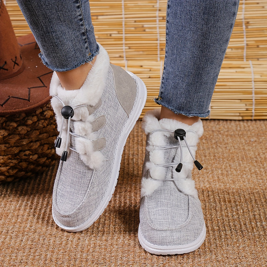 Bottes Fourrées Femme Courtes en Tissu, Lacets Élastiques – coloris gris