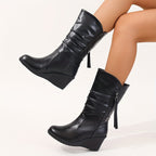 Bottes Compensées Femme Mi-Mollet, Similicuir Noir Froncé, vue 9
