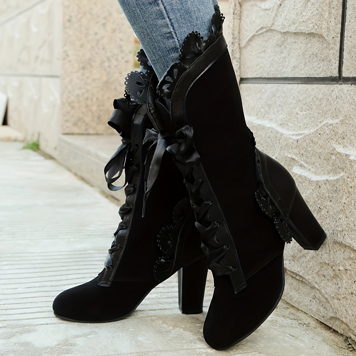 Bottes Gothiques Femme Mi-Mollet, Flanelle, Volants et Rubans, vue 3