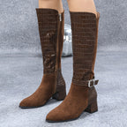 Bottes Hautes Femme Aspect Daim, Empiècement Effet Croco – coloris marron