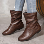 Bottes Plates Femme Similicuir, Tige Froncée – coloris café