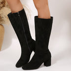 Bottes Hautes Femme Aspect Daim, Talon Bloc, Zip, 5 Coloris, vue 2