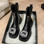 Bottines Plateforme Femme Similicuir, Boucle Strass – coloris noir