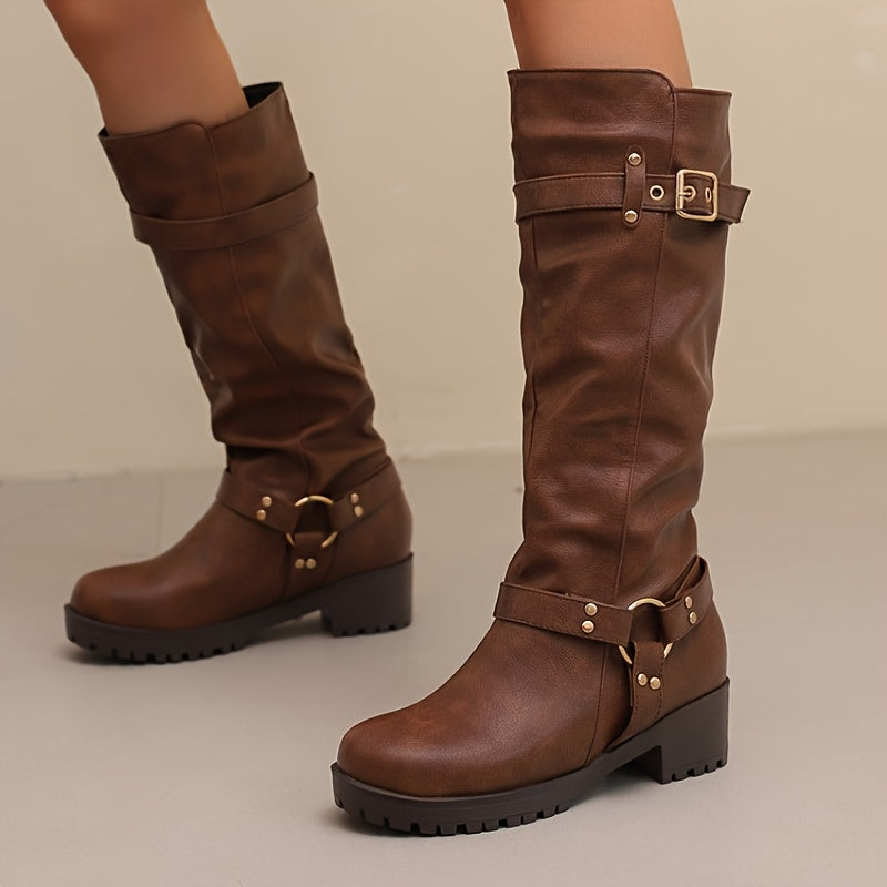 Bottes Motardes Femme Hautes, Similicuir Vieilli, Anneau, vue 9