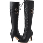 Bottes à Lacets Femme Hautes Similicuir, Talon Fin, Boucles