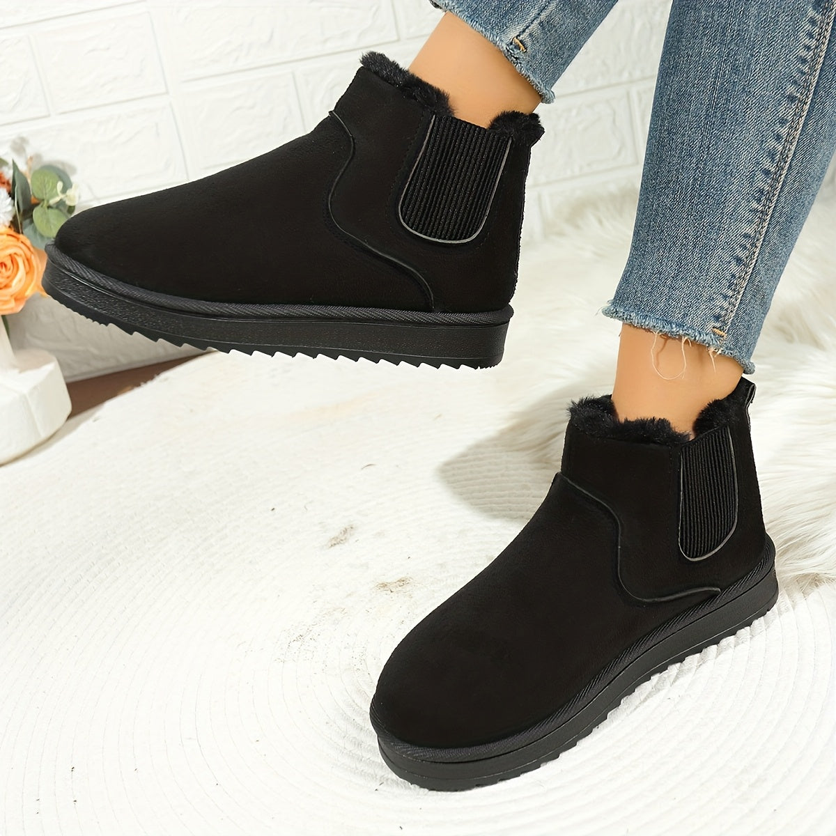 Bottines Chelsea Femme, Col Fausse Fourrure, vue 3