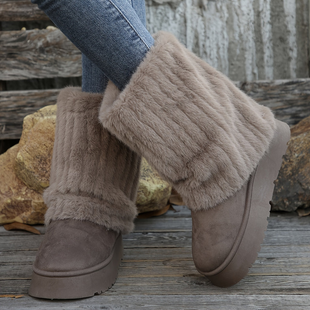 Bottes Fausse Fourrure Femme, Semelle Plateforme, Taupe, vue 4
