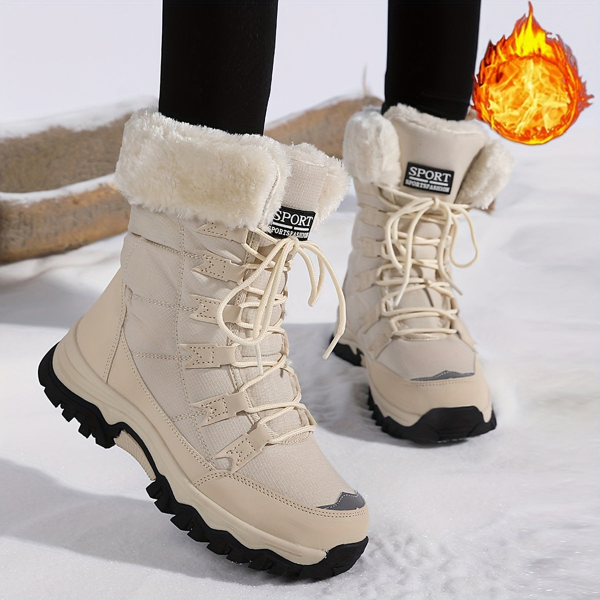 Bottes Femme à Lacets, Doublure Flanelle, Mi-Mollet – coloris beige